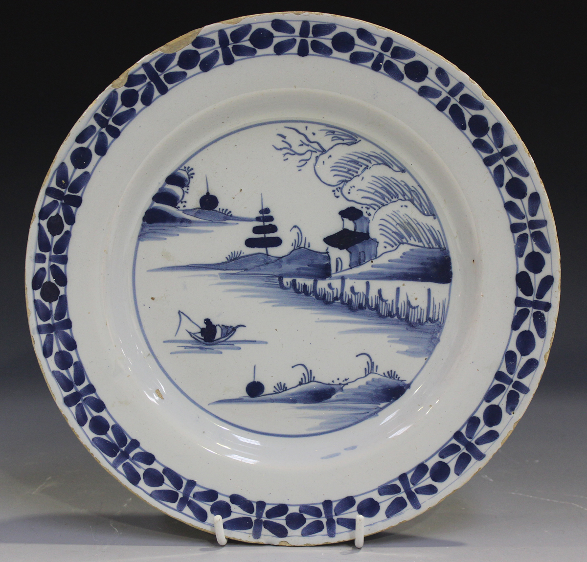 Three English Delft plates, mid-18th century, each painted in blue with a chinoiserie landscape - Image 5 of 7