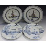 A pair of English Delft plates, probably Lambeth, circa 1760, polychrome painted in blue, manganese,