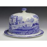 A Spode Italian pattern blue printed cheese dome and stand, late 20th century, black printed mark to
