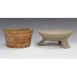 A pre-Columbian terracotta pottery tripod bowl, probably Aztec, circa 1400AD, of shallow circular