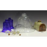 A clear glass bell shaped cloche, 20th century, height 26.5cm, together with a pair of blue and