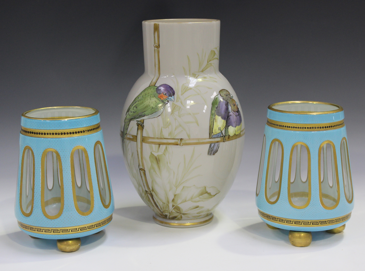 A pair of Continental white and pale blue overlaid glass vases, late 19th century, each of tapered