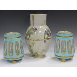 A pair of Continental white and pale blue overlaid glass vases, late 19th century, each of tapered