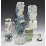 Two large David Sharp Rye Pottery owls, heights 28.5cm, together with a small group of Rye Pottery