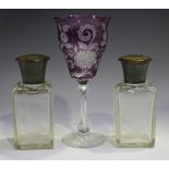 A pair of engraved glass square decanters and stoppers with tortoiseshell covers, late 19th century,