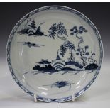 An English porcelain blue painted Cannonball pattern saucer dish, probably Liverpool, circa 1770,