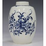 A Worcester tea caddy, circa 1757-1780, painted in underglaze blue with the Mansfield pattern,