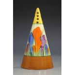 A Clarice Cliff Bizarre Autumn Crocus pattern conical sifter, black printed Newport mark to base,