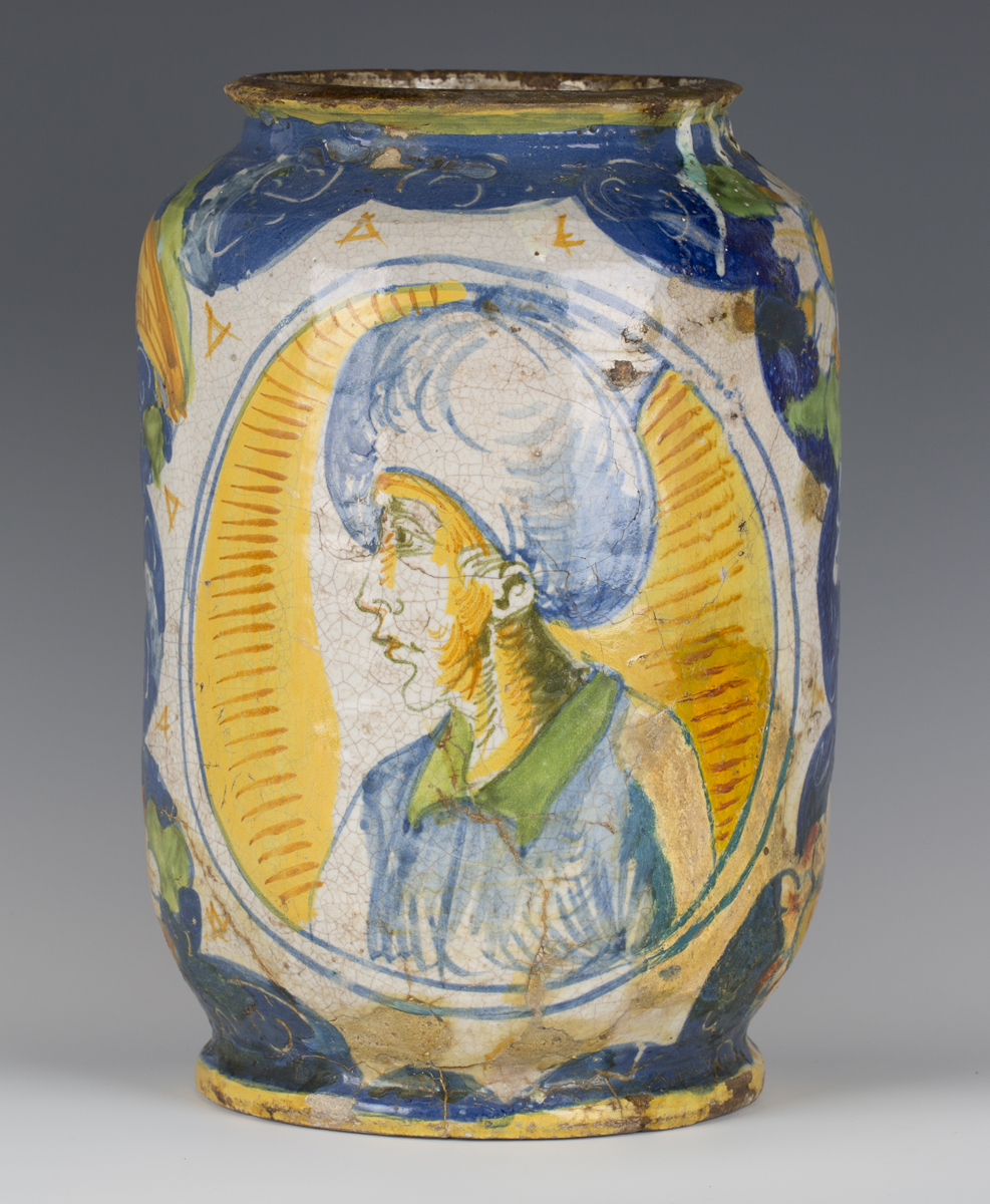 An Italian maiolica cylindrical storage or drug jar, Calabrian, 17th century, painted in the - Image 7 of 8