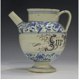 An Italian maiolica syrup jar, Savona, 18th century, the rounded body inscribed in cursive manganese