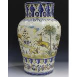 A large Spanish faience floor vase, late 19th/early 20th century, polychrome painted with a