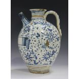 An Italian maiolica wet drug jar, probably Montelupo, late 17th or 18th century, the ovoid body