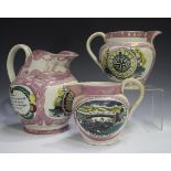 A Sunderland pink lustre jug, 19th century, printed and coloured to one side with 'A West View of