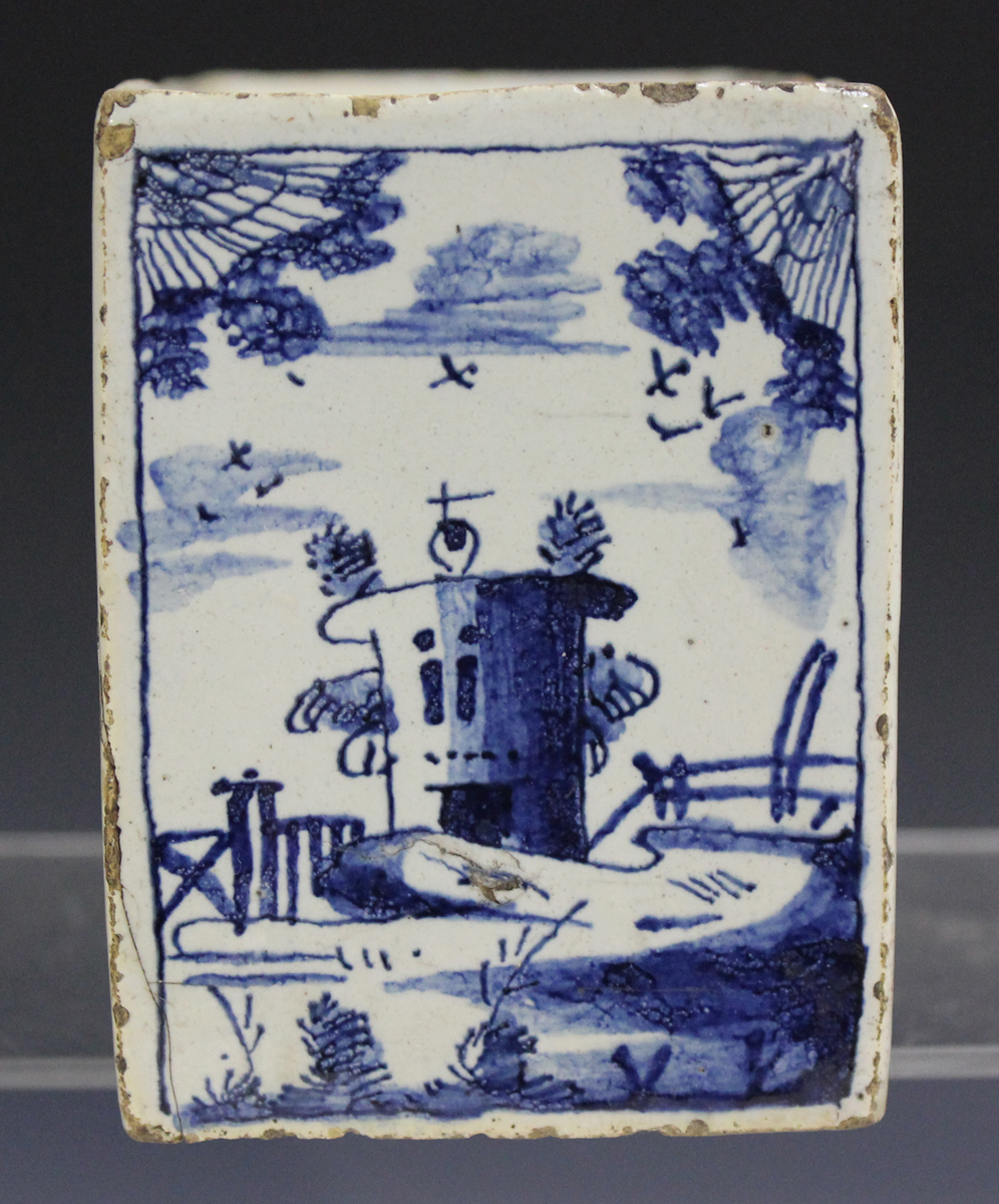 An English Delft flower brick, circa 1740, painted in blue with a stag in a chinoiserie landscape to - Image 6 of 7