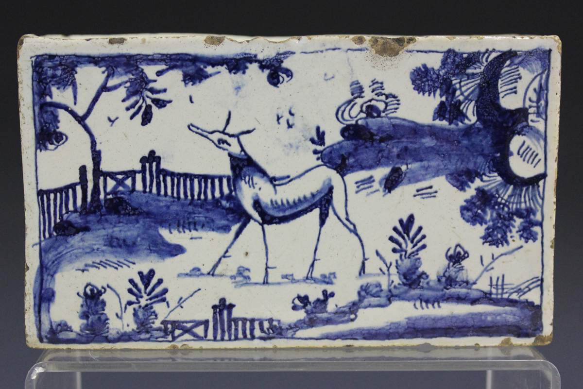 An English Delft flower brick, circa 1740, painted in blue with a stag in a chinoiserie landscape to - Image 5 of 7
