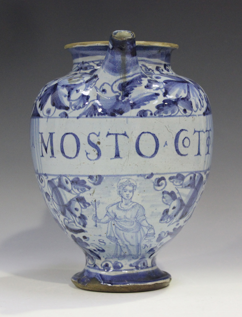 An Italian maiolica syrup or wet drug jar, probably Venetian, late 16th century, painted in dark - Image 8 of 8