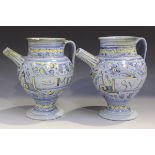 A pair of Italian maiolica small berettino syrup or wet drug jars, mid-17th century, the bulbous