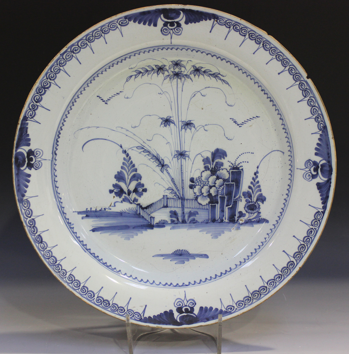 A large pair of English Delft chargers, Lambeth, circa 1780, painted in blue with a chinoiserie - Image 3 of 4