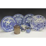 A mixed group of mostly Staffordshire pottery, 19th century, including a Wedgwood Blue Palisade