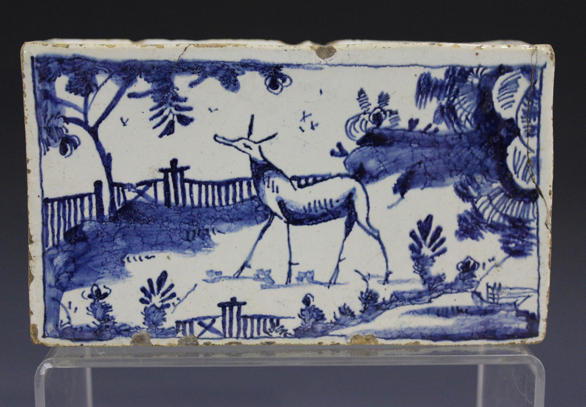 An English Delft flower brick, circa 1740, painted in blue with a stag in a chinoiserie landscape to - Image 7 of 7