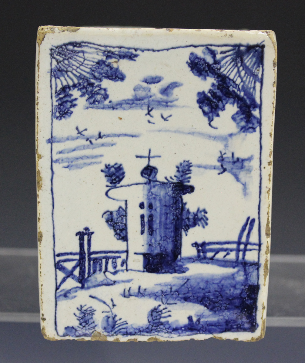 An English Delft flower brick, circa 1740, painted in blue with a stag in a chinoiserie landscape to - Image 4 of 7