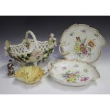 A pair of Dresden single-handled leaf shaped dishes, 20th century, painted with floral sprays,