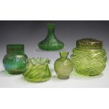 Five pieces of iridescent green glass, Continental, early 20th century, including a Creta Chine type
