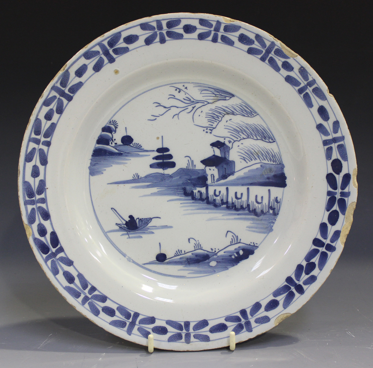 Three English Delft plates, mid-18th century, each painted in blue with a chinoiserie landscape - Image 7 of 7