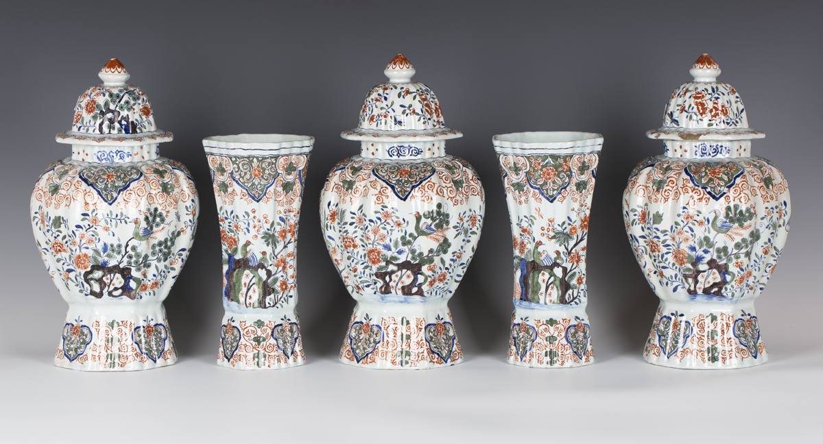 A garniture of five Dutch Delft vases and three covers, late 19th century, comprising two of - Image 12 of 12