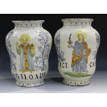 A large pair of Italian maiolica albarelli, of Castelli type, late 19th/early 20th century, the