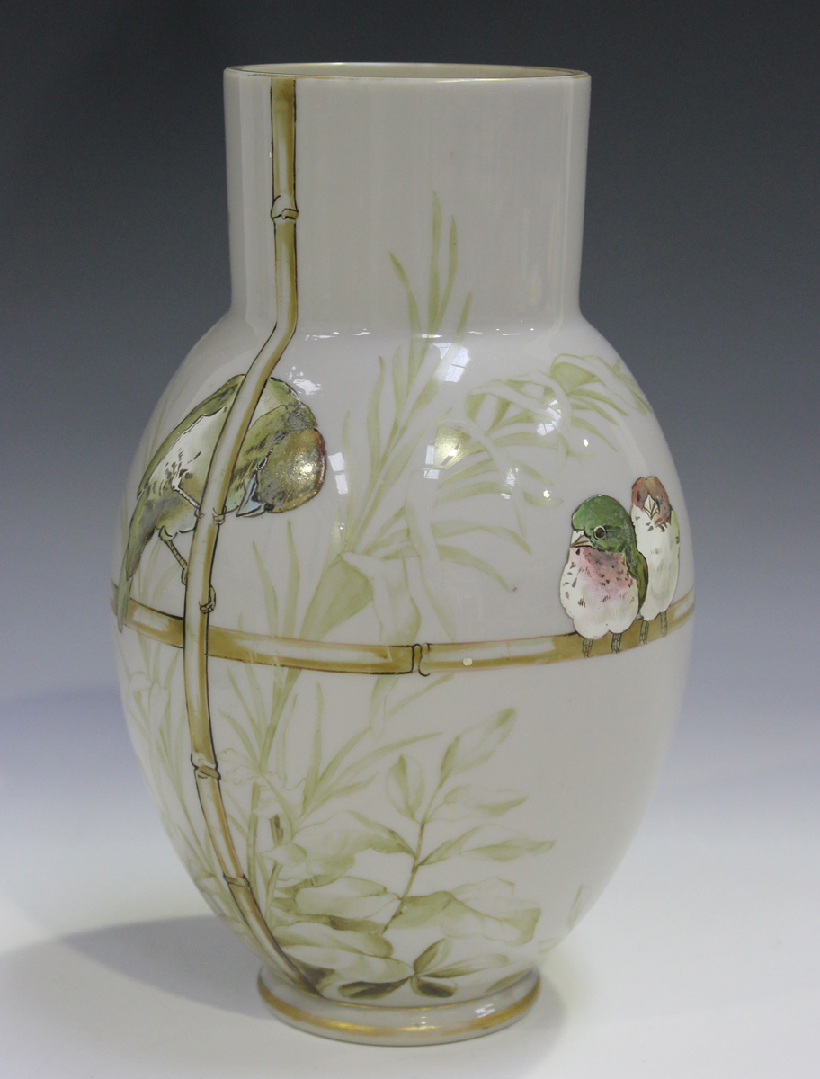 A pair of Continental white and pale blue overlaid glass vases, late 19th century, each of tapered - Image 2 of 4