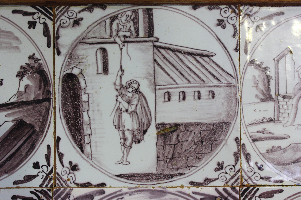 A group of six English Delft tiles, London, 1760-80, each painted in manganese with a biblical scene - Image 6 of 9