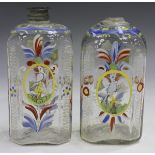 Two German enamelled glass schnapps or liqueur decanters, 18th century, one with original pewter