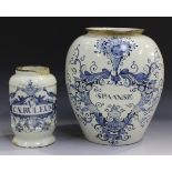 A Dutch Delft pharmacy jar, 18th century, of albarello form, painted in blue with a label