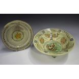 A Maureen Minchin studio pottery circular strainer and stand, the strainer decorated with a frog