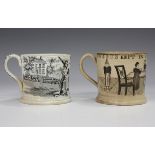 Two child's pottery mugs, 19th century, the first printed in black with a classroom scene beneath