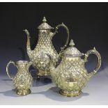 A Victorian plated three-piece tea set of pineapple moulded baluster form, comprising teapot, hot