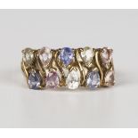 A 9ct gold and vari-coloured gemstone set ring, mounted with two rows of five vari-coloured pear