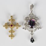 A gold and synthetic ruby filigree pendant cross, detailed '18ct', weight 3.3g, length 3.7cm, and