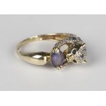 A 9ct gold, diamond, sapphire and mauve gemstone set ring, designed as a leopard, weight 4g, ring