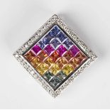 A 9ct white gold, diamond and vari-coloured sapphire square pendant, the centre mounted with rows of