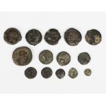A group of fourteen Roman and Greek bronze coins, including a Roman Maximinus Pius bronze