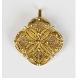 A gold filigree pendant brooch in a beaded and quatrefoil shaped design, detailed '18K', weight 3.