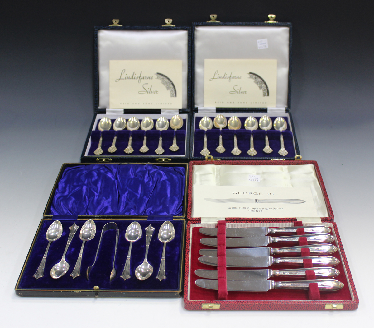 Two sets of six Elizabeth II silver Lindisfarne pattern teaspoons, Sheffield 1977 and 1978 by Cooper