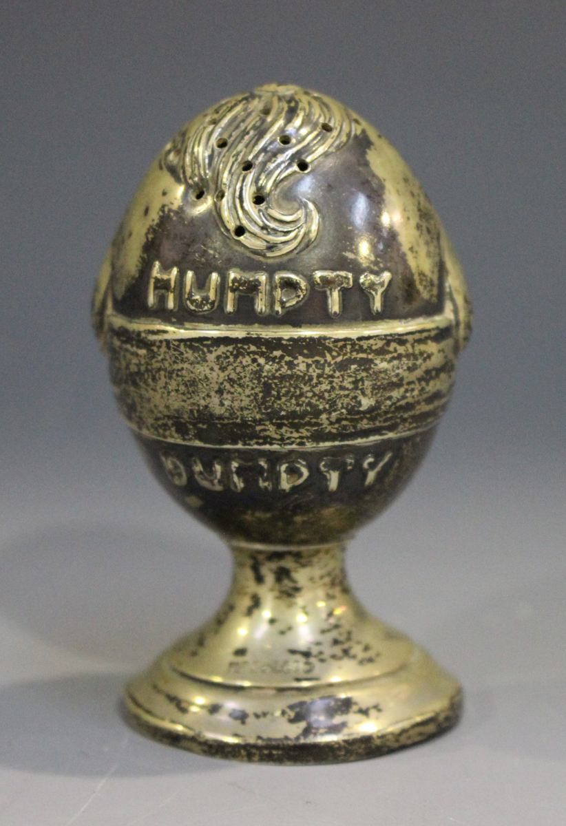 An Edwardian silver novelty pepper caster in the form of 'Humpty Dumpty', on a circular foot, - Image 3 of 3