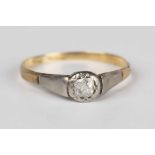 A gold and platinum ring, mounted with a cushion cut diamond, weight 1.3g, ring size approx O.