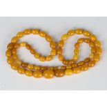 A single row necklace of sixty-three graduated oval vari-coloured butterscotch coloured opaque amber