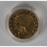 A USA gold five dollars 1908.Buyer’s Premium 29.4% (including VAT @ 20%) of the hammer price. Lots