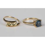 A 9ct gold ring, claw set with a square cut London blue topaz, weight 2.3g, ring size approx N, with