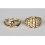 A 14ct gold ring in a woven design, detailed '14K', weight 4.3g, ring size approx O1/2, and a 9ct